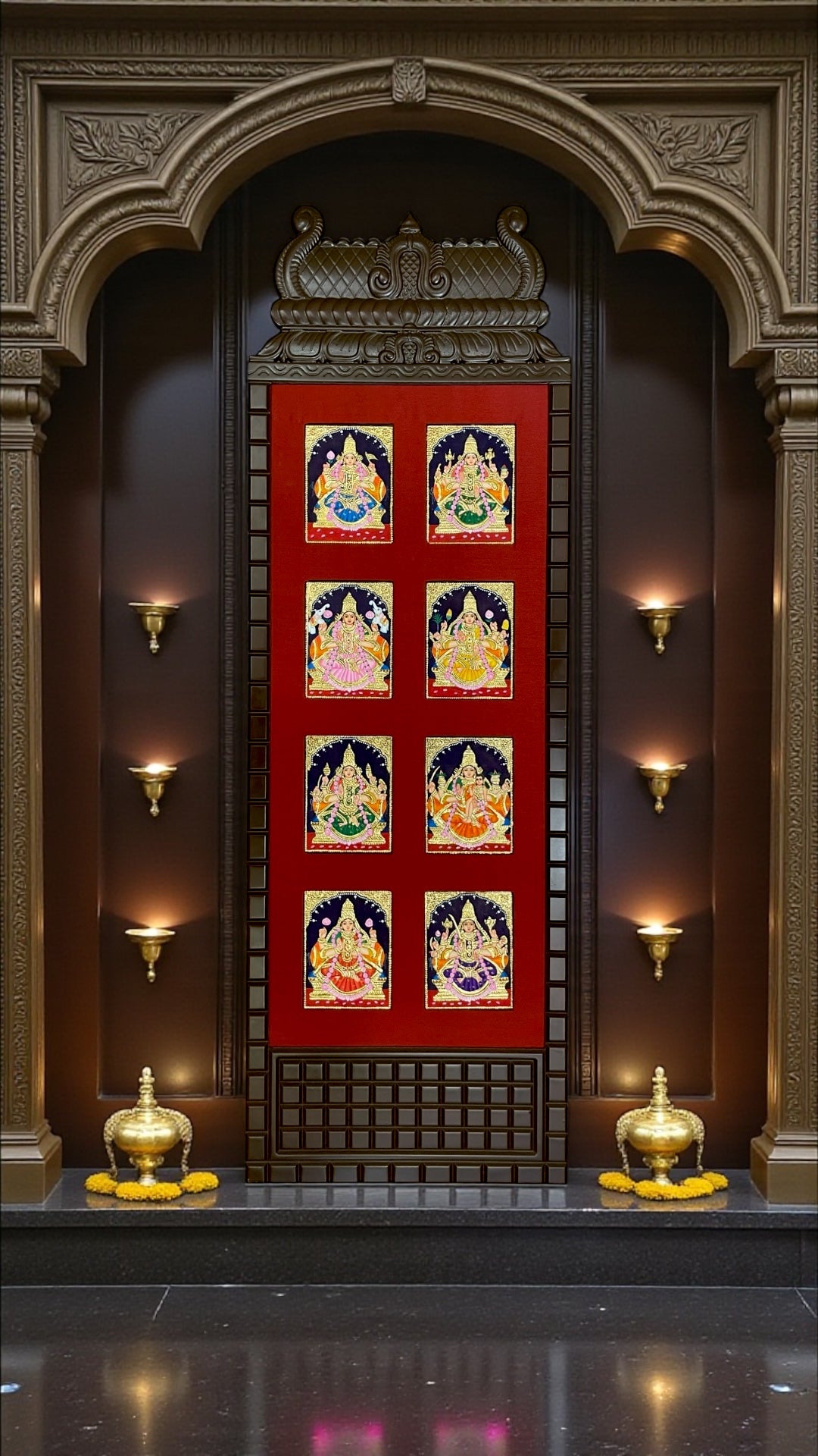 Divine Ensemble: Tanjore Asta lakshmi Wooden Frame with Sacred Idols
