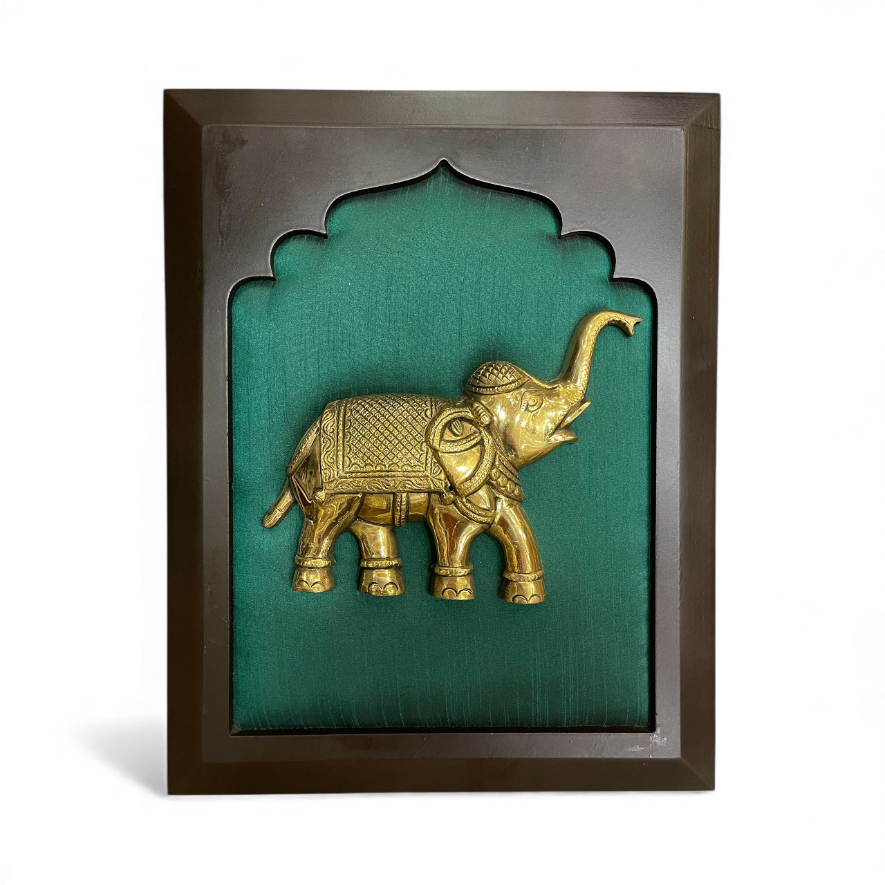 Brass Elephant 2 with Rama Green Silk in Wooden Frame – By Estudio
