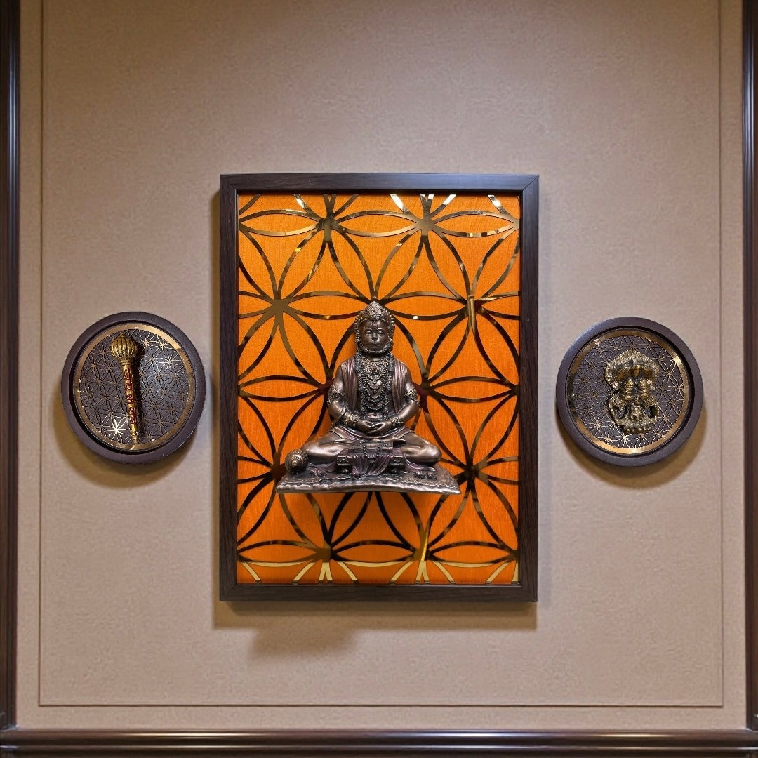 Electroplated Bronze Hanuman with Sacred Geometry Backdrop – Premium Spiritual Wall Art