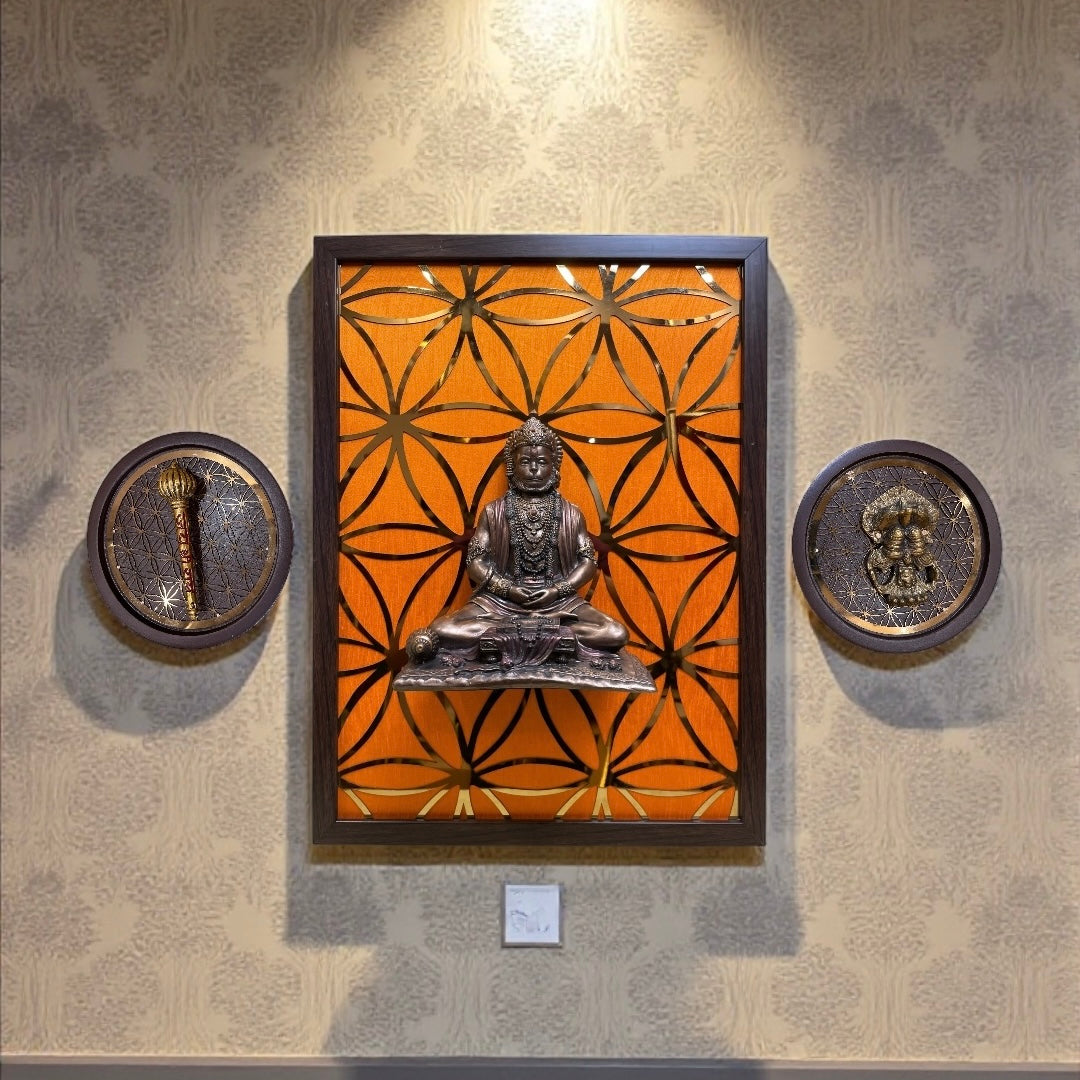 Electroplated Bronze Hanuman with Sacred Geometry Backdrop – Premium Spiritual Wall Art
