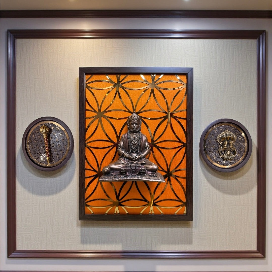 Electroplated Bronze Hanuman with Sacred Geometry Backdrop – Premium Spiritual Wall Art