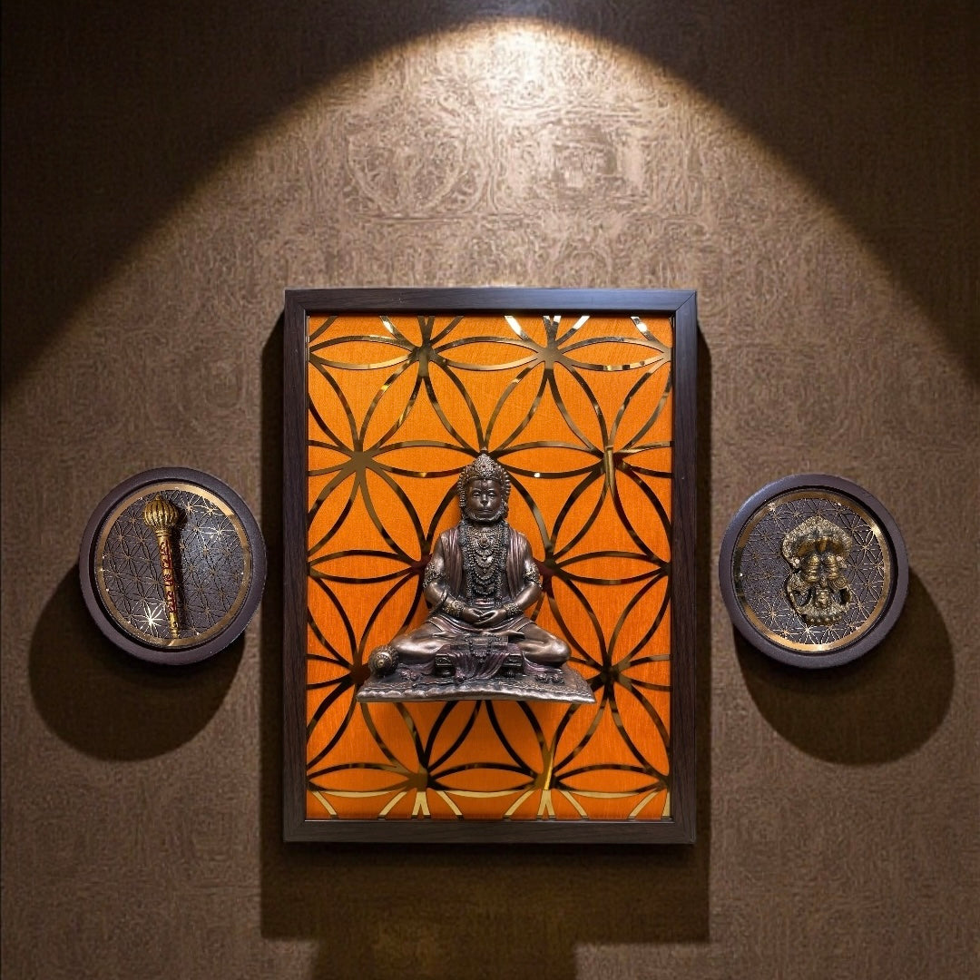 Electroplated Bronze Hanuman with Sacred Geometry Backdrop – Premium Spiritual Wall Art
