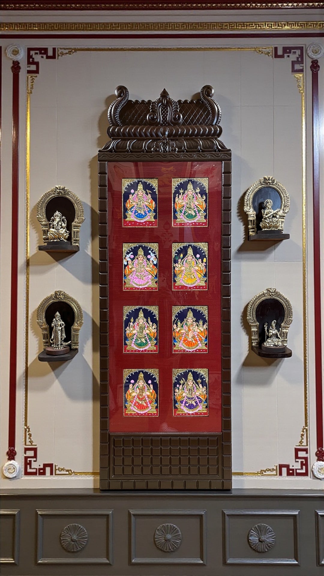 Divine Ensemble: Tanjore Asta lakshmi Wooden Frame with Sacred Idols