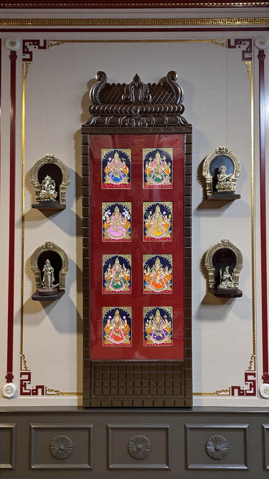 Divine Ensemble: Tanjore Asta lakshmi Wooden Frame with Sacred Idols