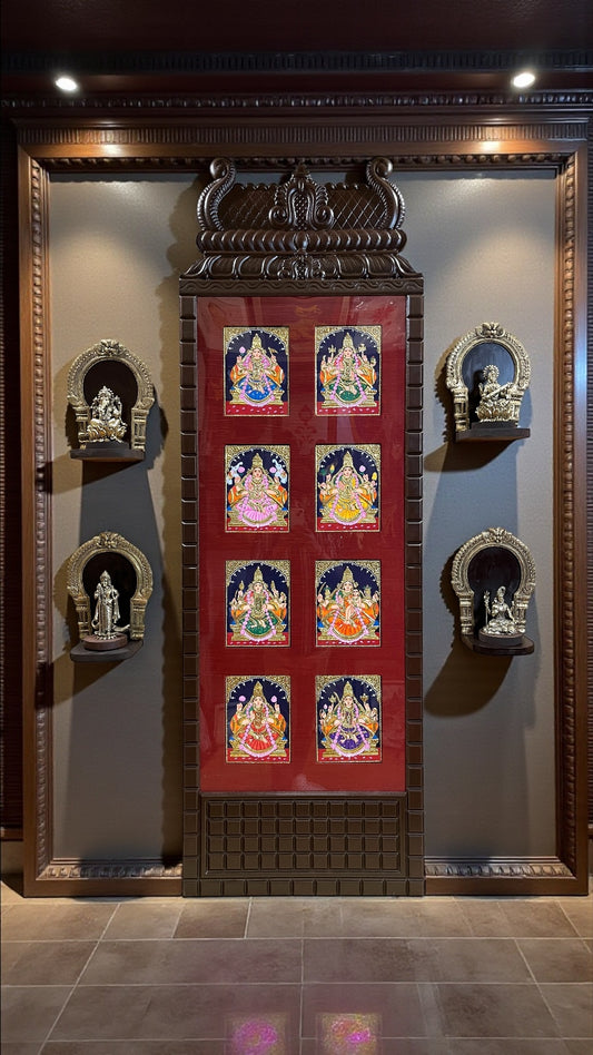 Divine Ensemble: Tanjore Asta lakshmi Wooden Frame with Sacred Idols