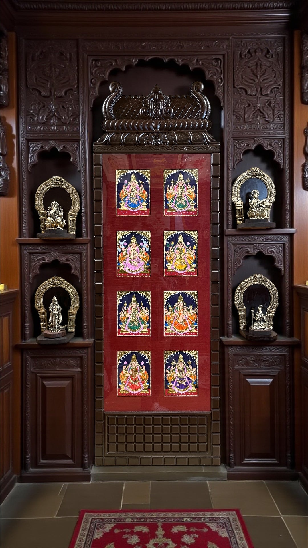 Divine Ensemble: Tanjore Asta lakshmi Wooden Frame with Sacred Idols