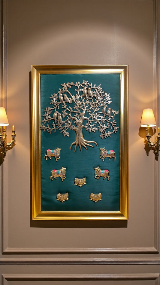 Brass Kalpavriksha With Kamadhenu & Lotus – Divine Wall Art of Abundance