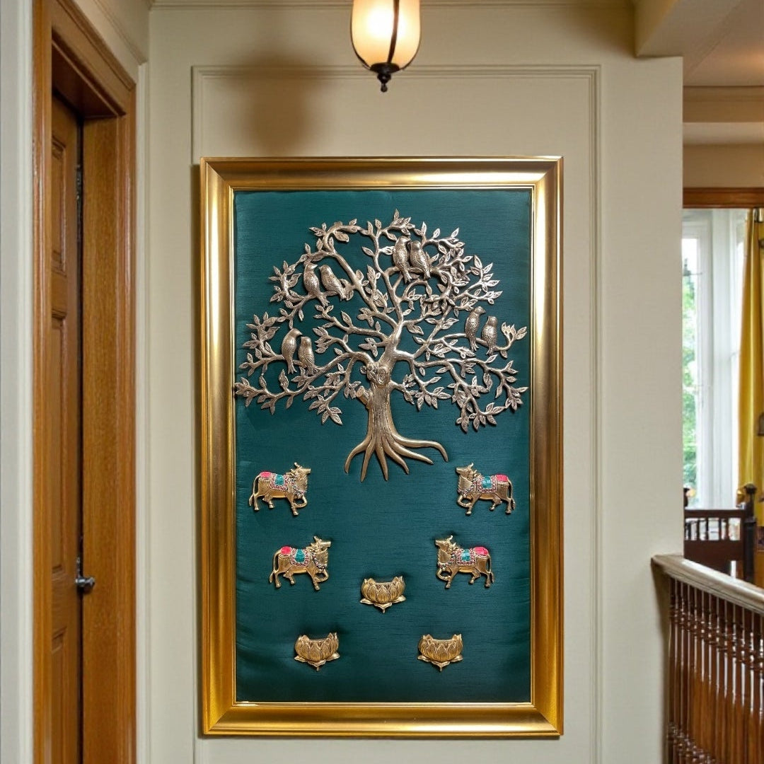 Brass Kalpavriksha With Kamadhenu & Lotus – Divine Wall Art of Abundance