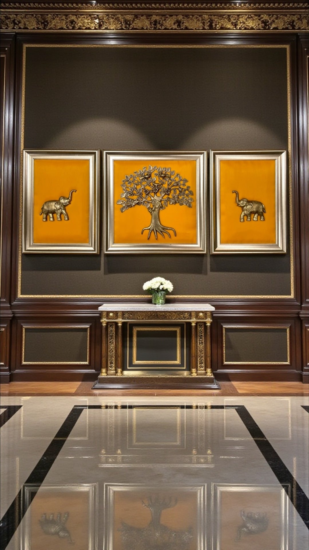 Brass Kalpavriksha with Twin Elephants – Prosperity &amp; Harmony Wall Art