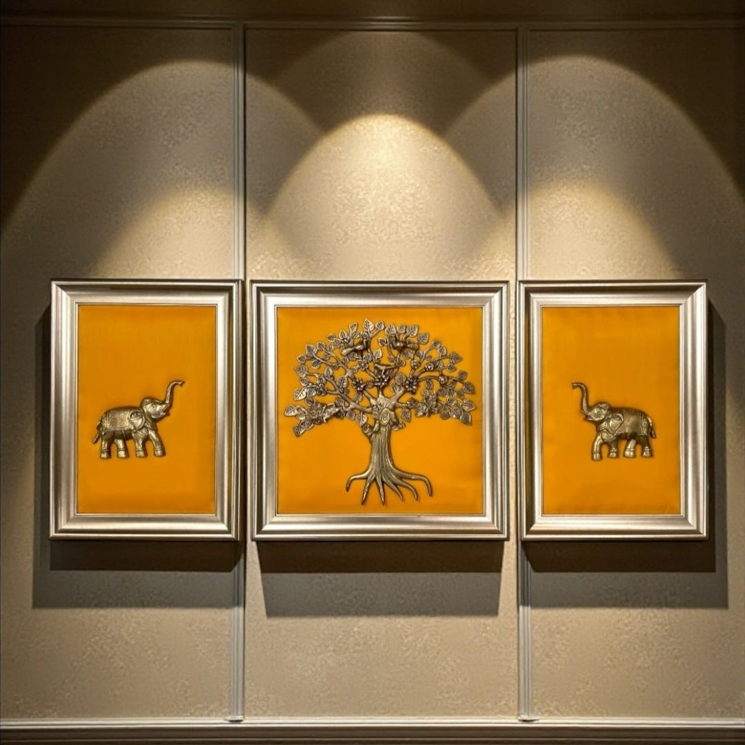 Brass Kalpavriksha with Twin Elephants – Prosperity &amp; Harmony Wall Art