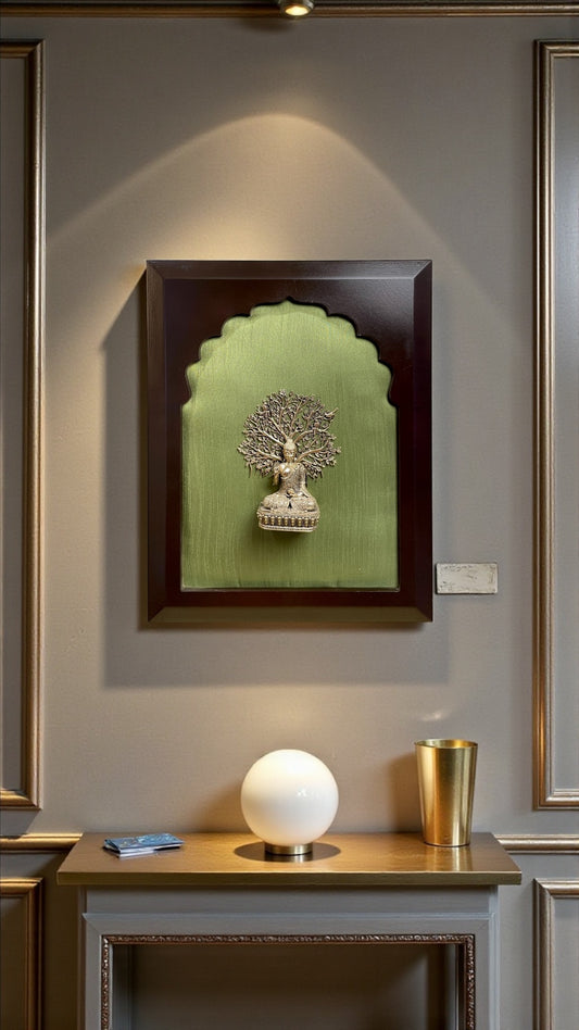 Brass Buddha Under Bodhi Tree – Serenity in Silk