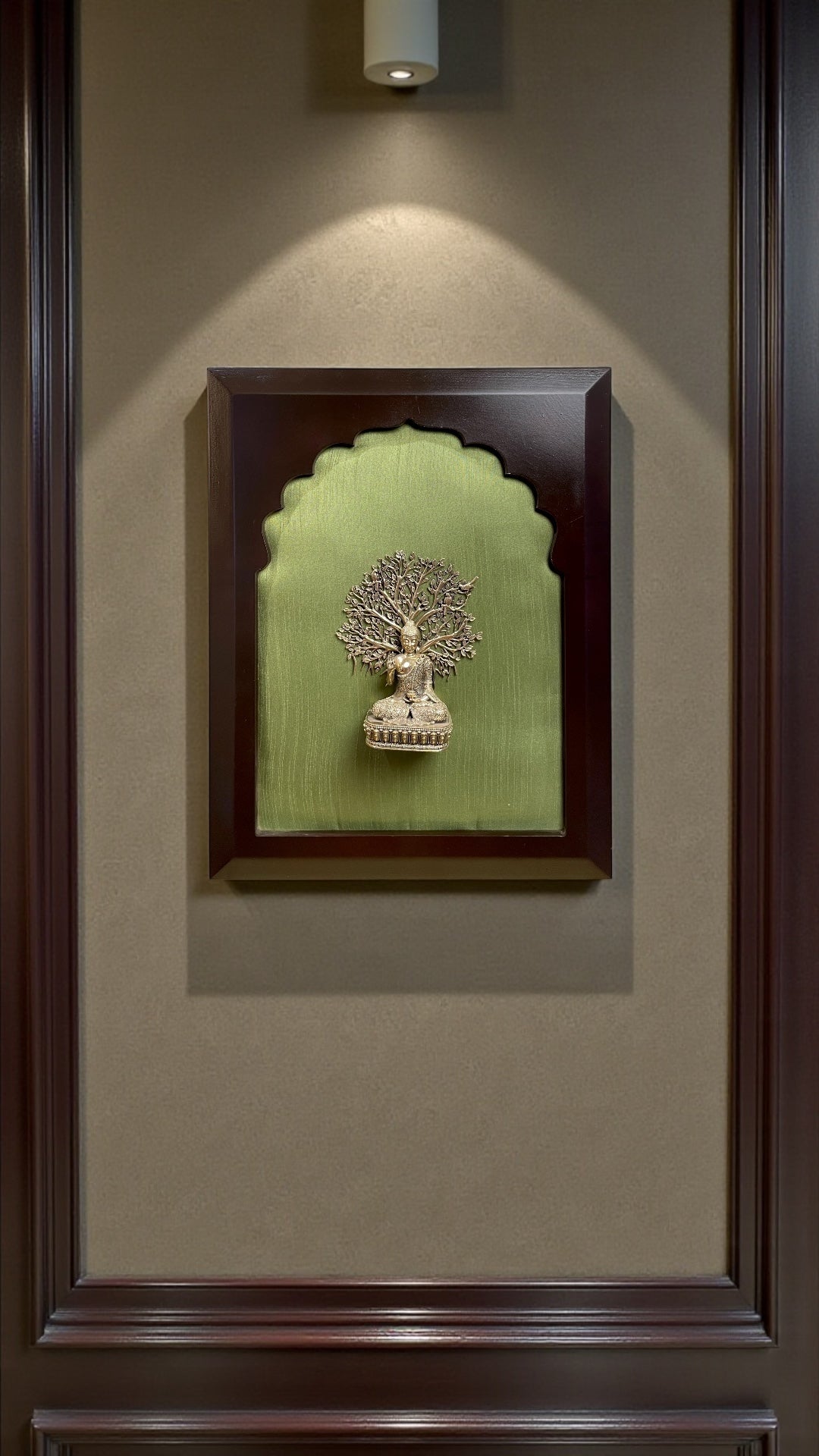 Brass Buddha Under Bodhi Tree – Serenity in Silk