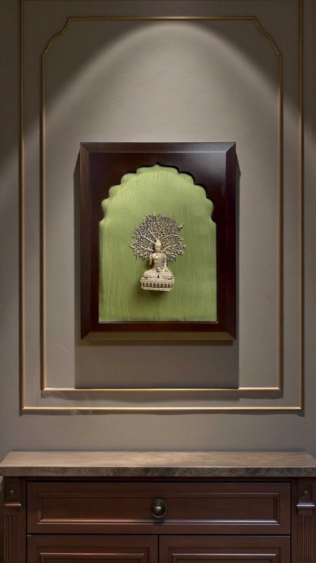 Brass Buddha Under Bodhi Tree – Serenity in Silk