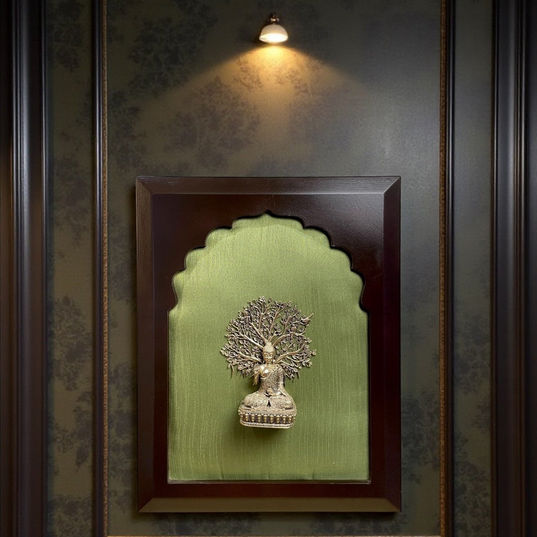 Brass Buddha Under Bodhi Tree – Serenity in Silk