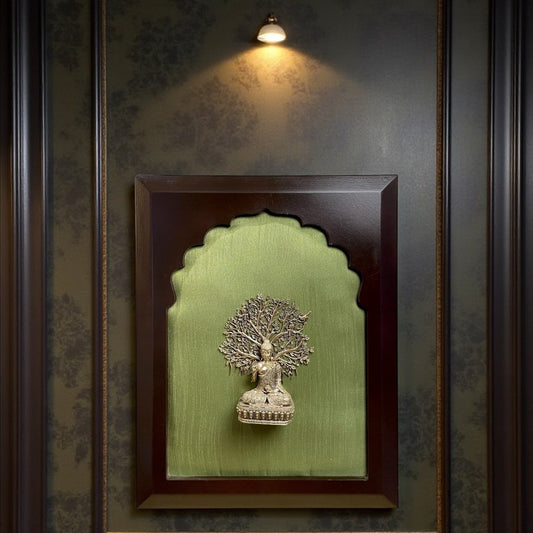 Brass Buddha Under Bodhi Tree – Serenity in Silk