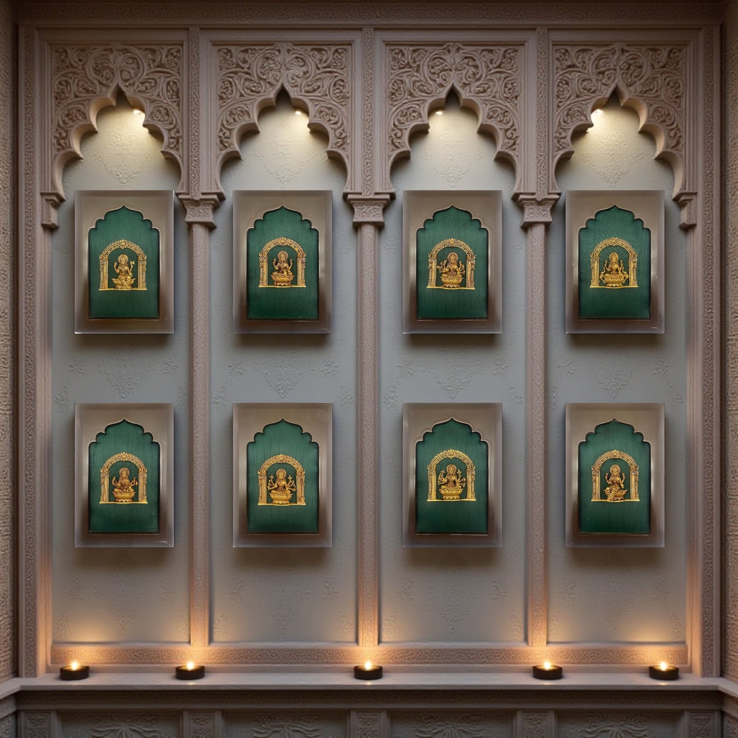 Astalakshmi Brass Set of 8 with Rama Green Silk in Wooden Frame