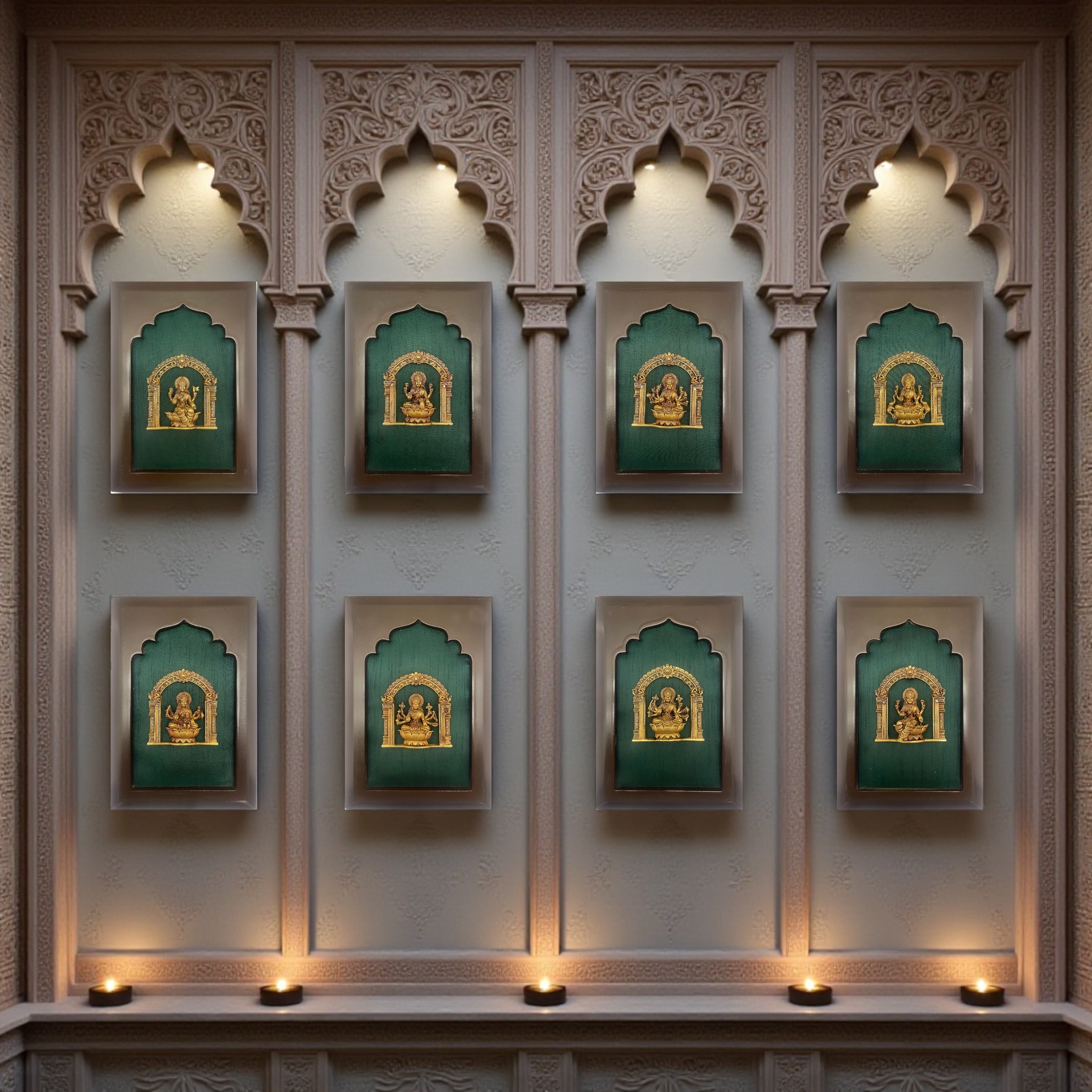 Astalakshmi Brass Set of 8 with Rama Green Silk in Wooden Frame