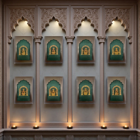 Astalakshmi Brass Set of 8 with Rama Green Silk in Wooden Frame