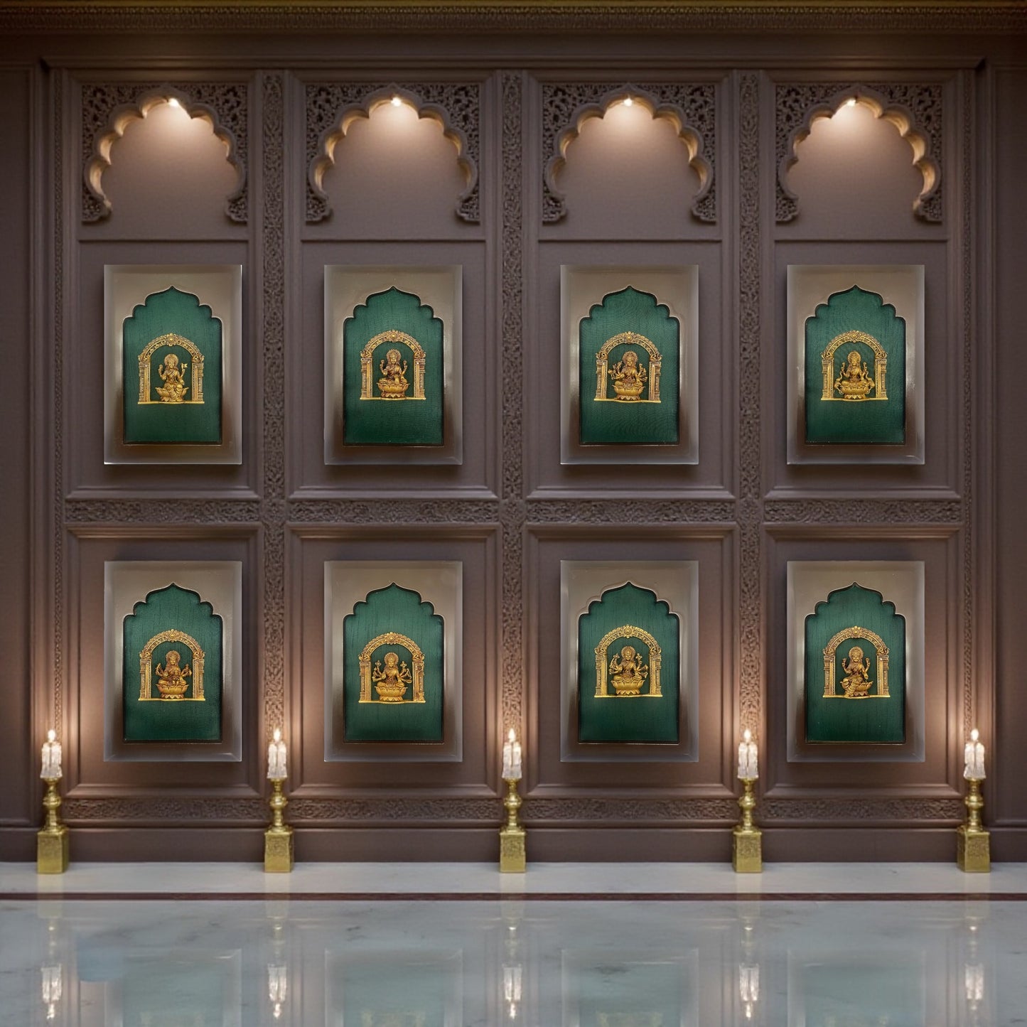 Astalakshmi Brass Set of 8 with Rama Green Silk in Wooden Frame