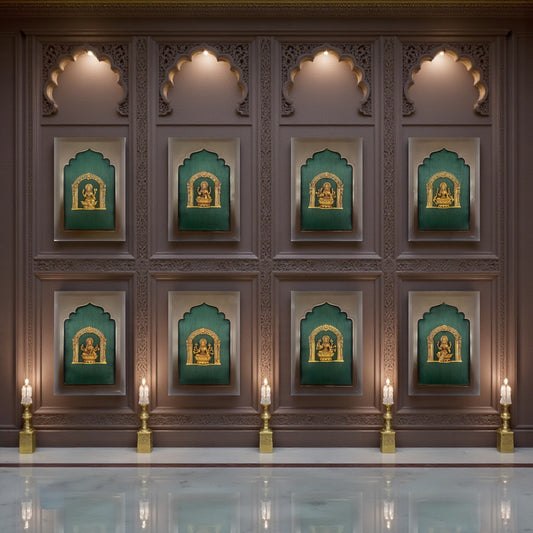 Astalakshmi Brass Set of 8 with Rama Green Silk in Wooden Frame