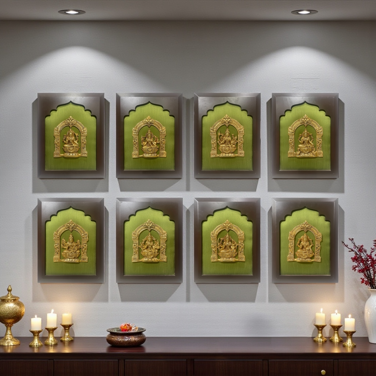 Astalakshmi Brass Set of 8 with Light Green Silk in Wooden Frame