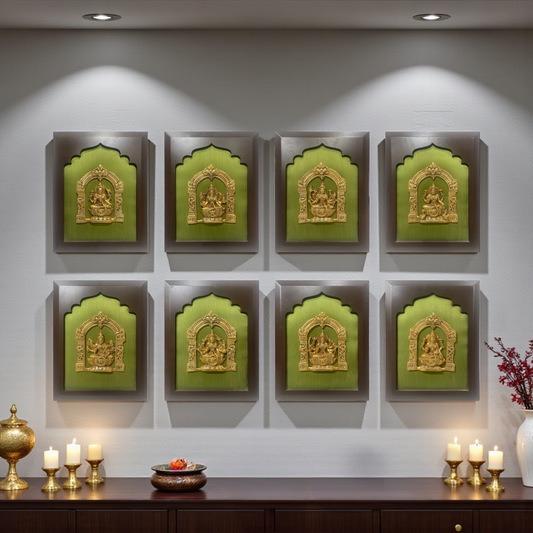 Astalakshmi Brass Set of 8 with Light Green Silk in Wooden Frame