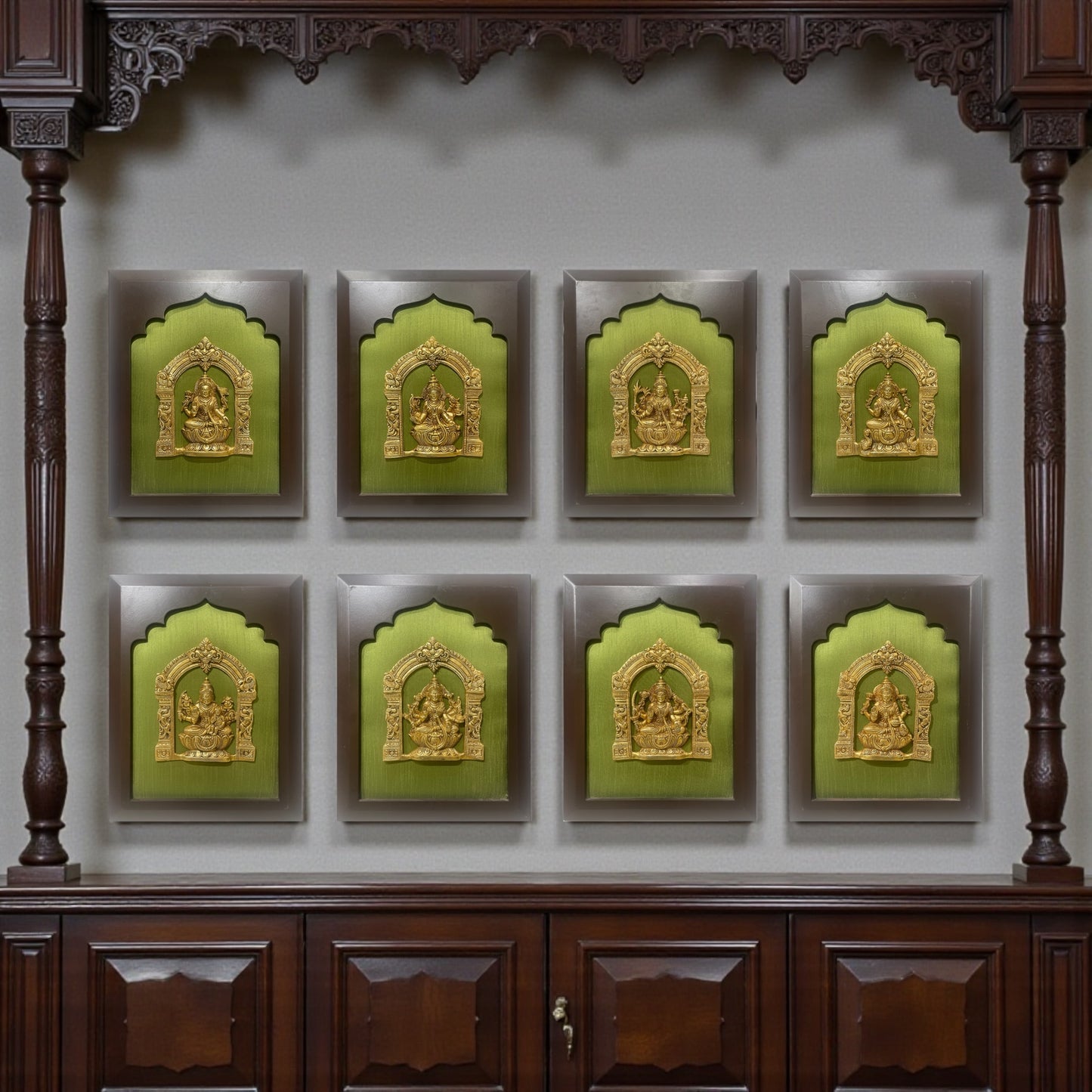 Astalakshmi Brass Set of 8 with Light Green Silk in Wooden Frame