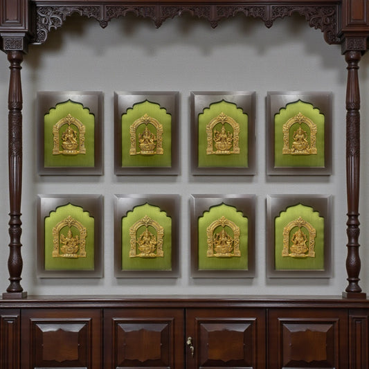 Astalakshmi Brass Set of 8 with Light Green Silk in Wooden Frame