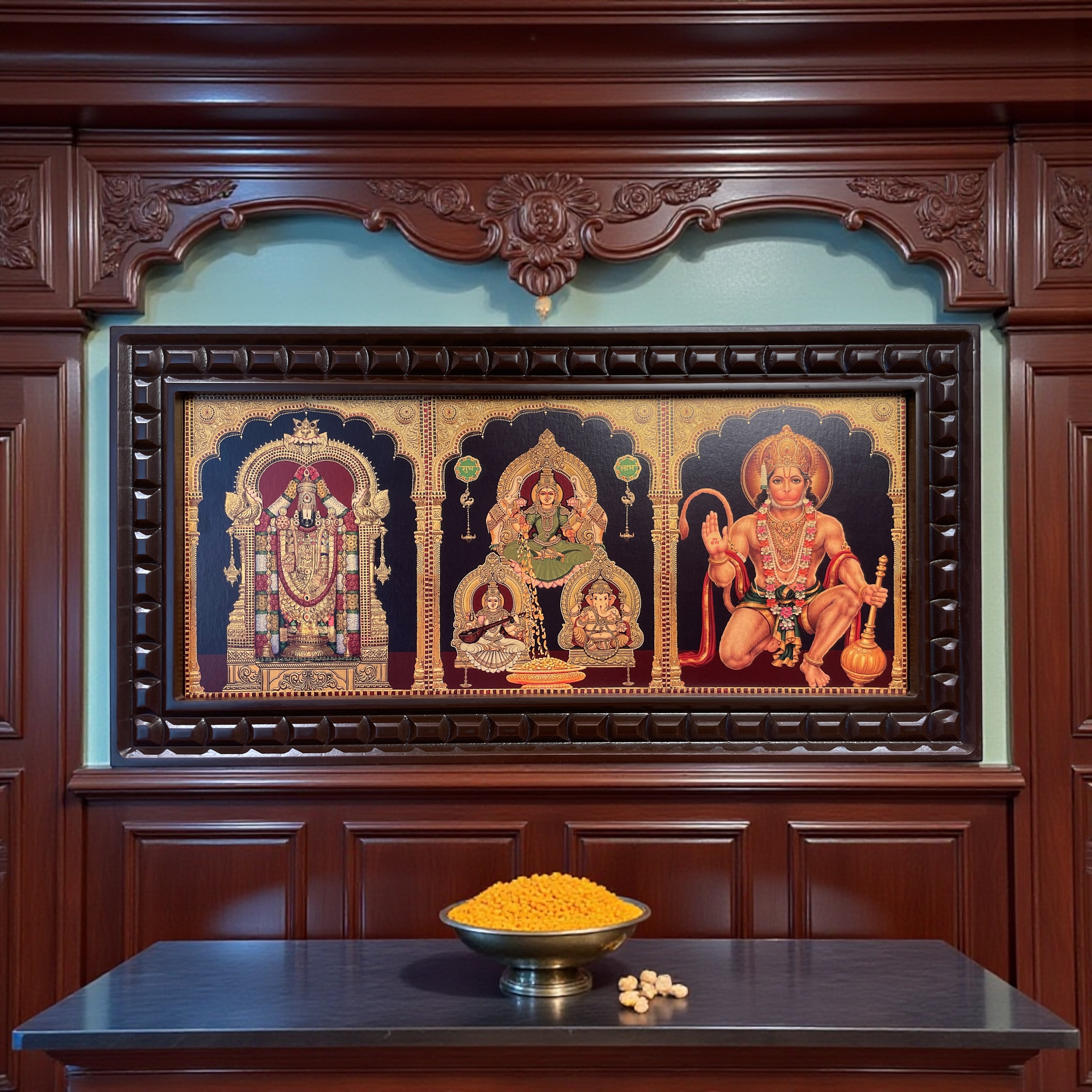 5 Gods in One Frame Gold Leafed Wall Art | Divine Pooja Décor