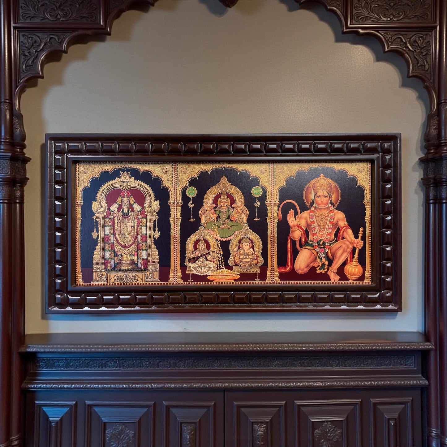5 Gods in One Frame Gold Leafed Wall Art | Divine Pooja Décor
