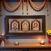 Ganesha Green Lakshmi Saraswati 3 in one Gold foiled art within Wooden Frame