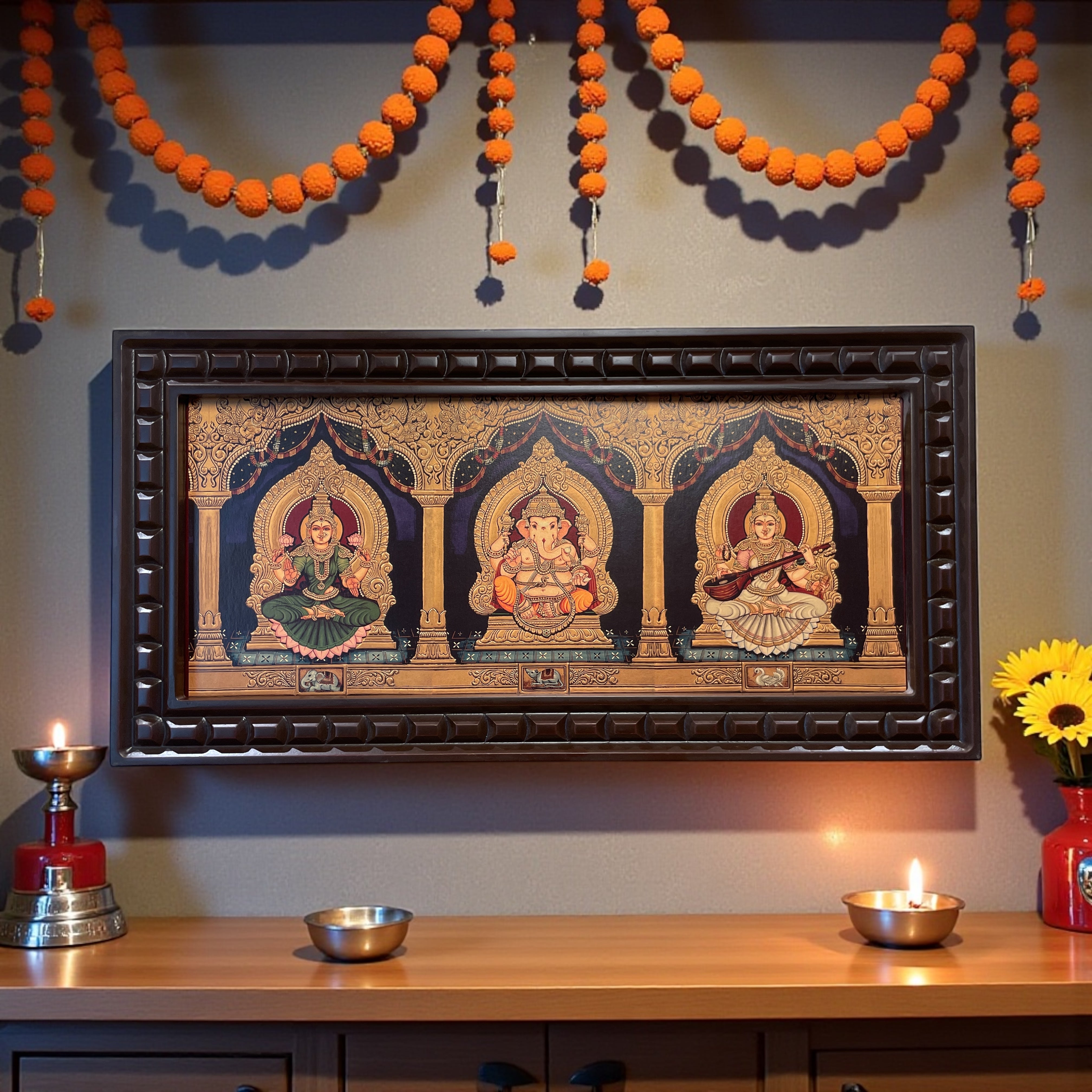 Ganesha Green Lakshmi Saraswati  Gold foiled art within Wooden Frame