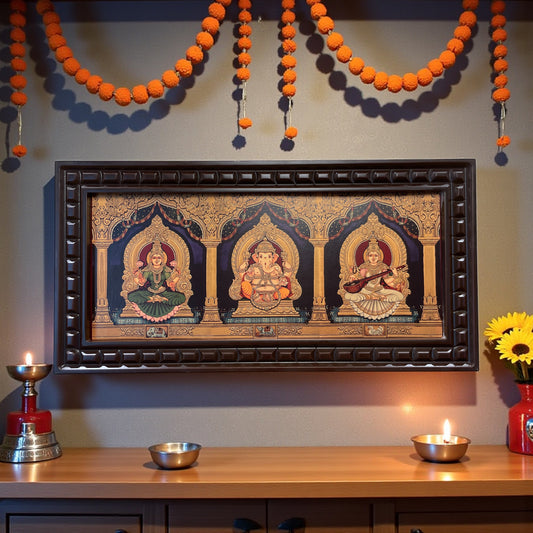 Ganesha Green Lakshmi Saraswati  Gold foiled art within Wooden Frame