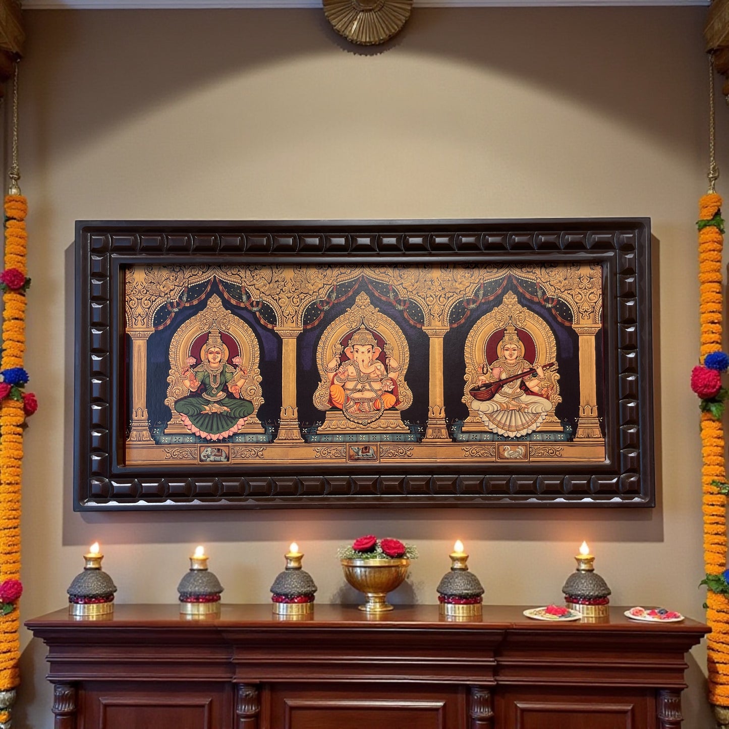 Ganesha Green Lakshmi Saraswati  Gold foiled art within Wooden Frame