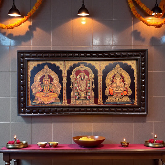 Lakshmi Tirupati Ganesha Gold Leafed Wall Art | Divine Pooja Décor