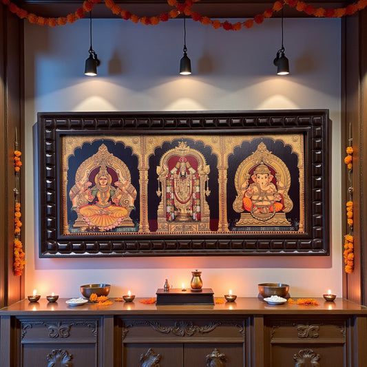 Lakshmi Tirupati Ganesha Gold Leafed Wall Art | Divine Pooja Décor