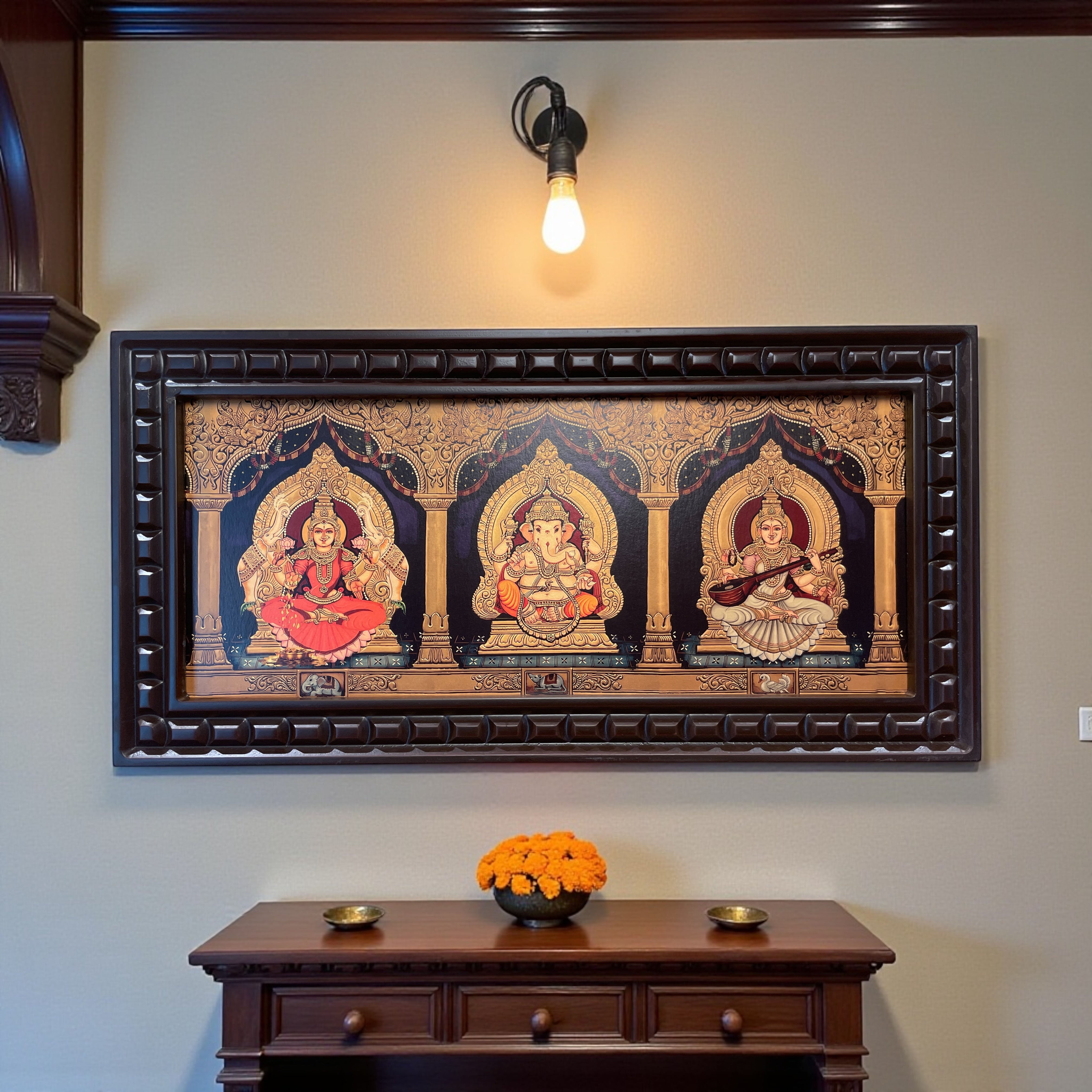 Ganesha Lakshmi Saraswati -2 Gold foiled art within Wooden Frame