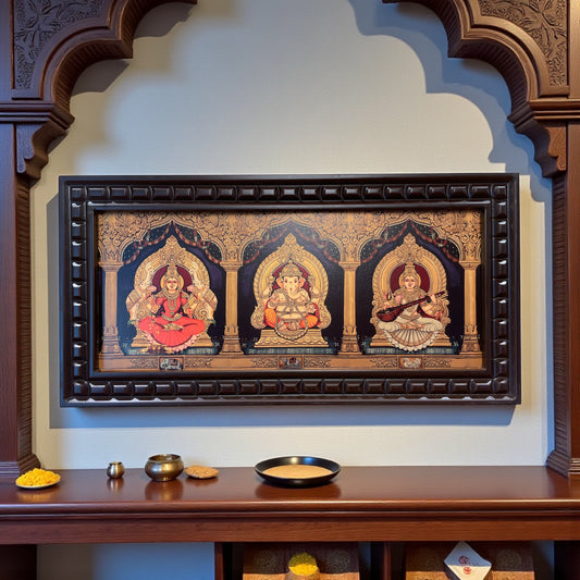 Ganesha Lakshmi Saraswati -2 Gold foiled art within Wooden Frame
