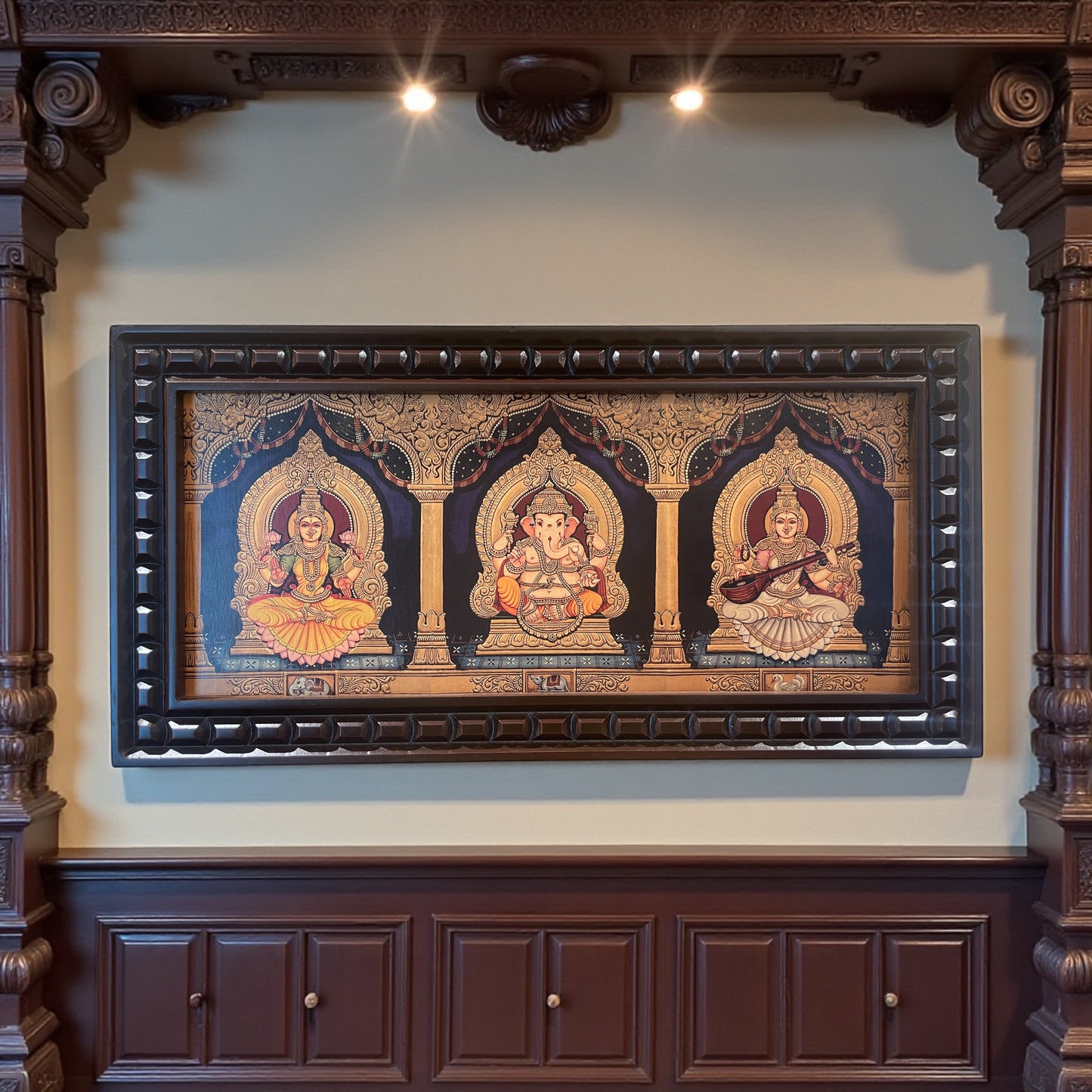 Ganesha Lakshmi Saraswati Gold foiled art within Wooden Frame