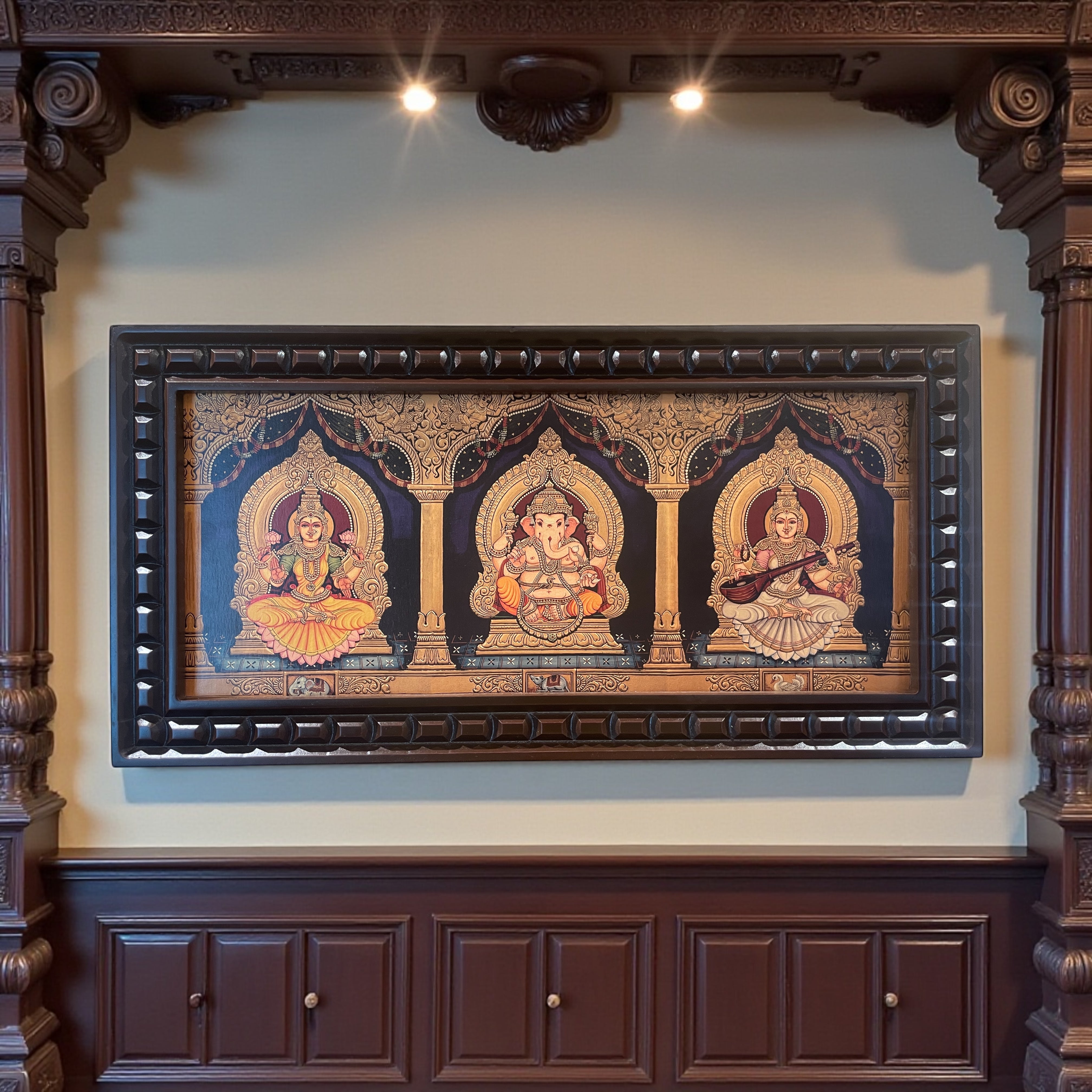 Ganesha Lakshmi Saraswati Gold foiled art within Wooden Frame