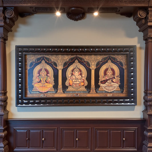 Ganesha Lakshmi Saraswati Gold foiled art within Wooden Frame