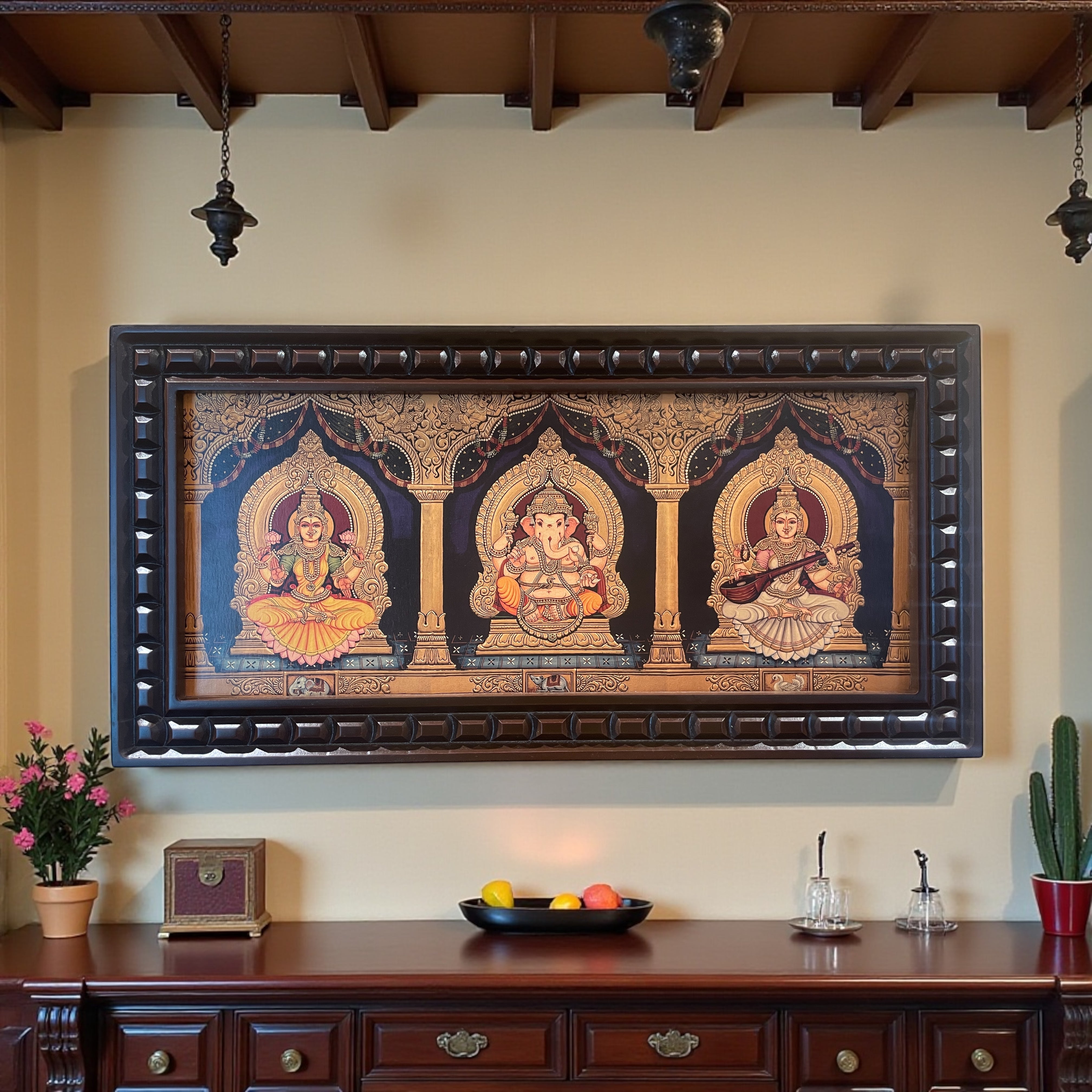 Ganesha Lakshmi Saraswati Gold foiled art within Wooden Frame