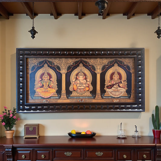 Ganesha Lakshmi Saraswati Gold foiled art within Wooden Frame