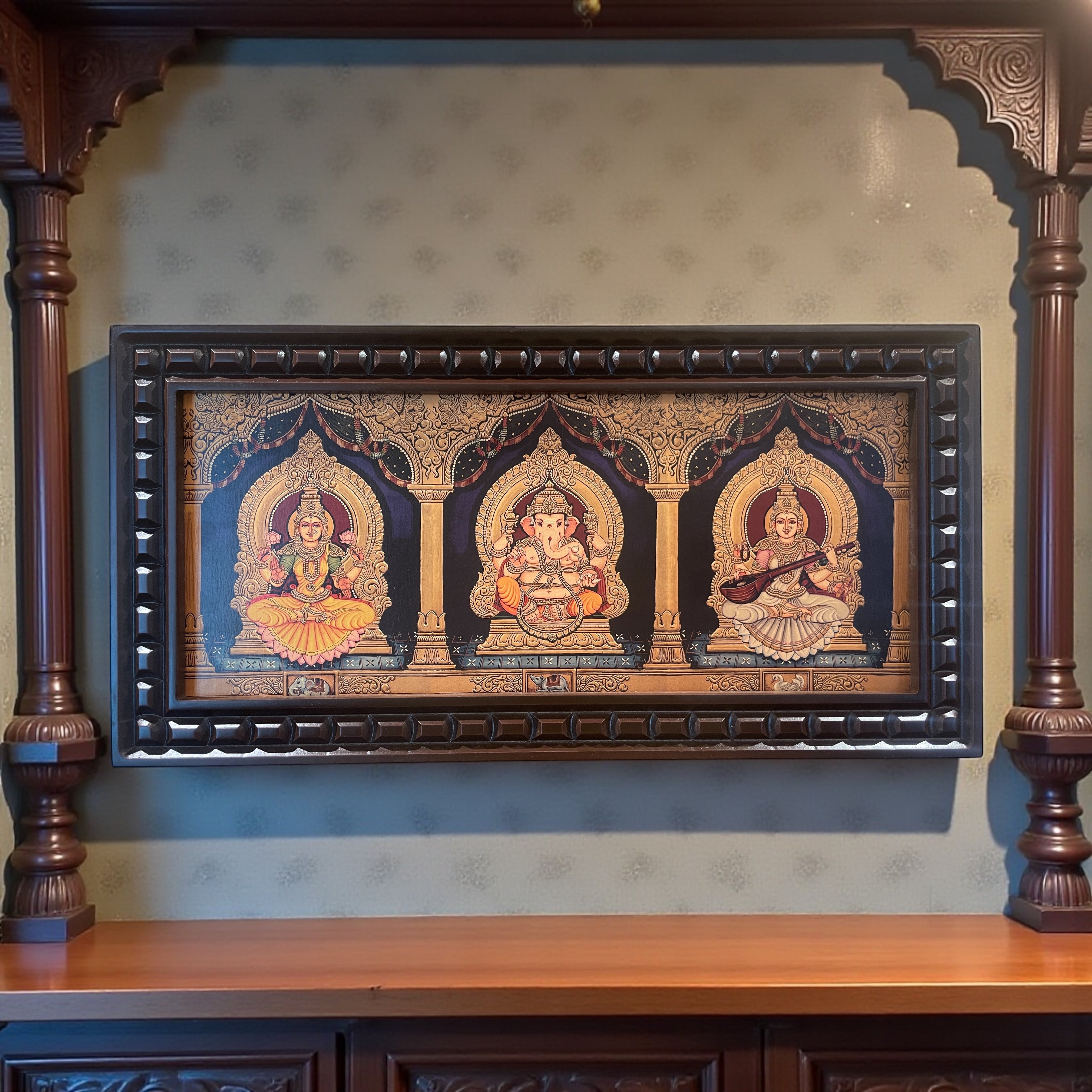 Ganesha Lakshmi Saraswati  3 in one Gold foiled art within Wooden Frame