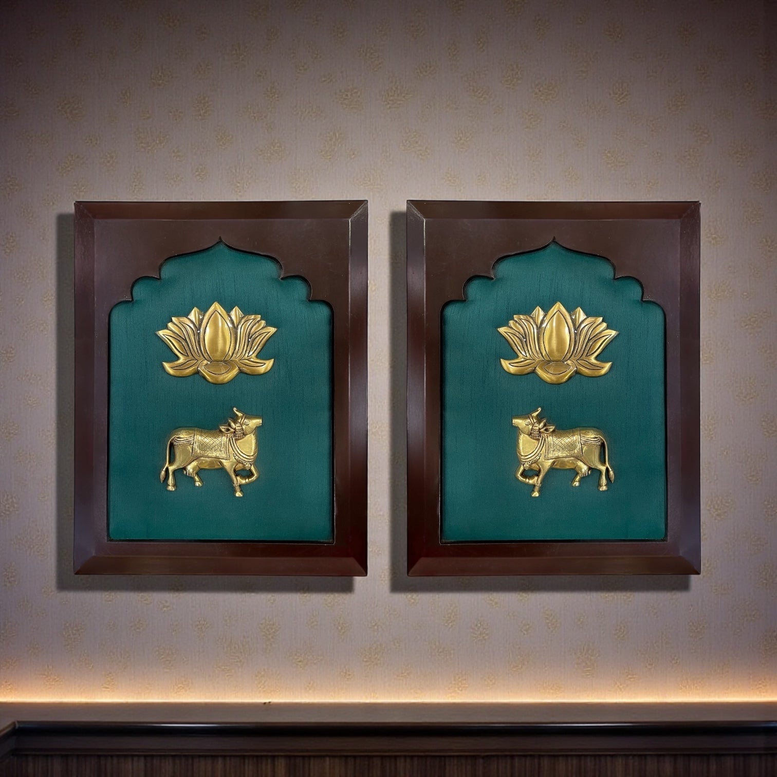Brass Kamadhenu Blessings – Brass Sacred Cow with Lotus on Royal Green Silk