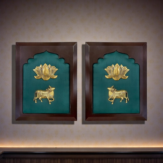 Brass Kamadhenu Blessings – Brass Sacred Cow with Lotus on Royal Green Silk