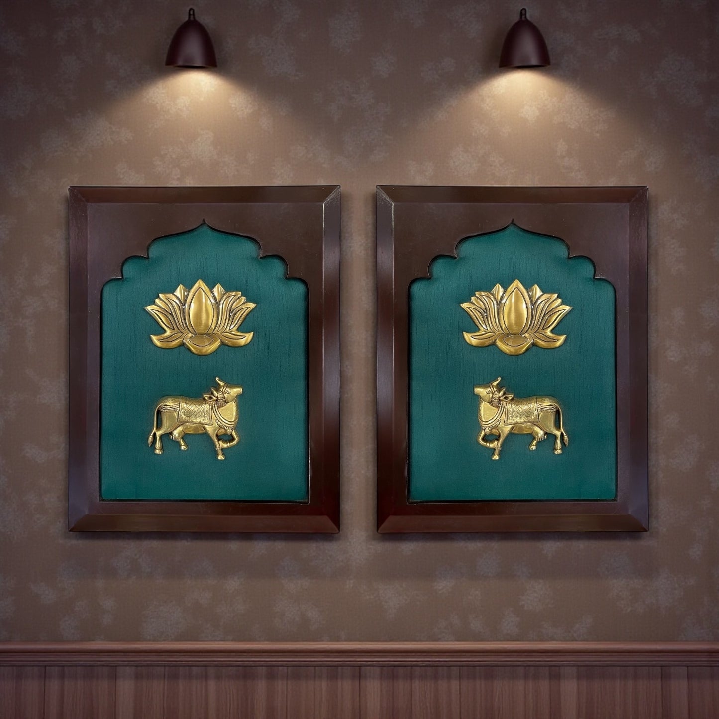 Brass Kamadhenu Blessings – Brass Sacred Cow with Lotus on Royal Green Silk