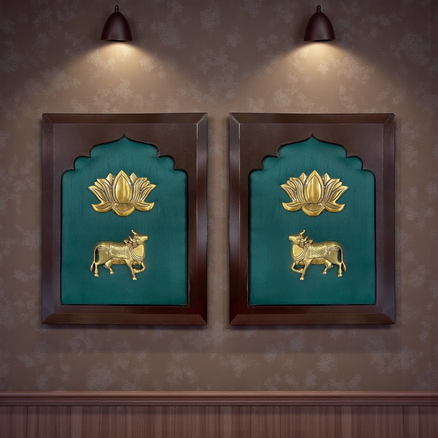 Brass Kamadhenu Blessings – Brass Sacred Cow with Lotus on Royal Green Silk