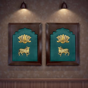 Brass Kamadhenu Blessings – Brass Sacred Cow with Lotus on Royal Green Silk