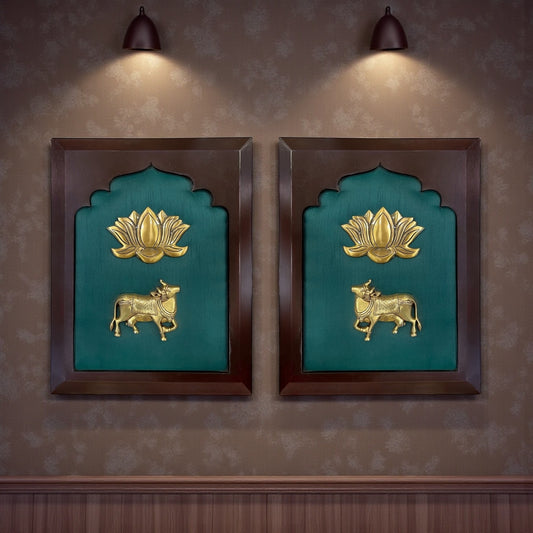 Brass Kamadhenu Blessings – Brass Sacred Cow with Lotus on Royal Green Silk